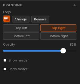 Inspector panel showing branding and logo upload options