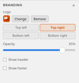 Inspector panel in light mode showing branding and logo upload options