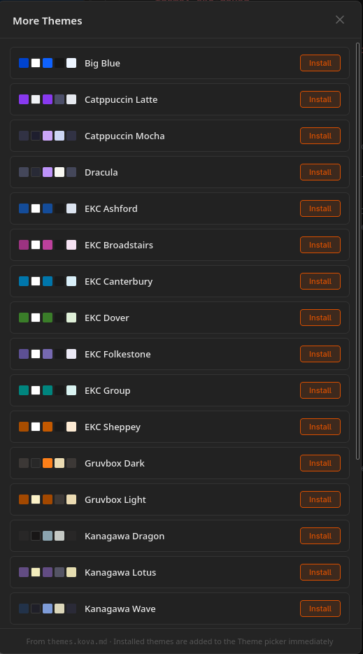 Themes library showing available community and built-in themes