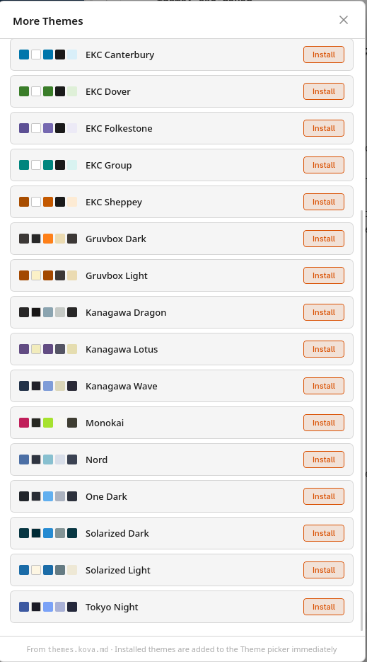 Themes library in light mode showing available community and built-in themes