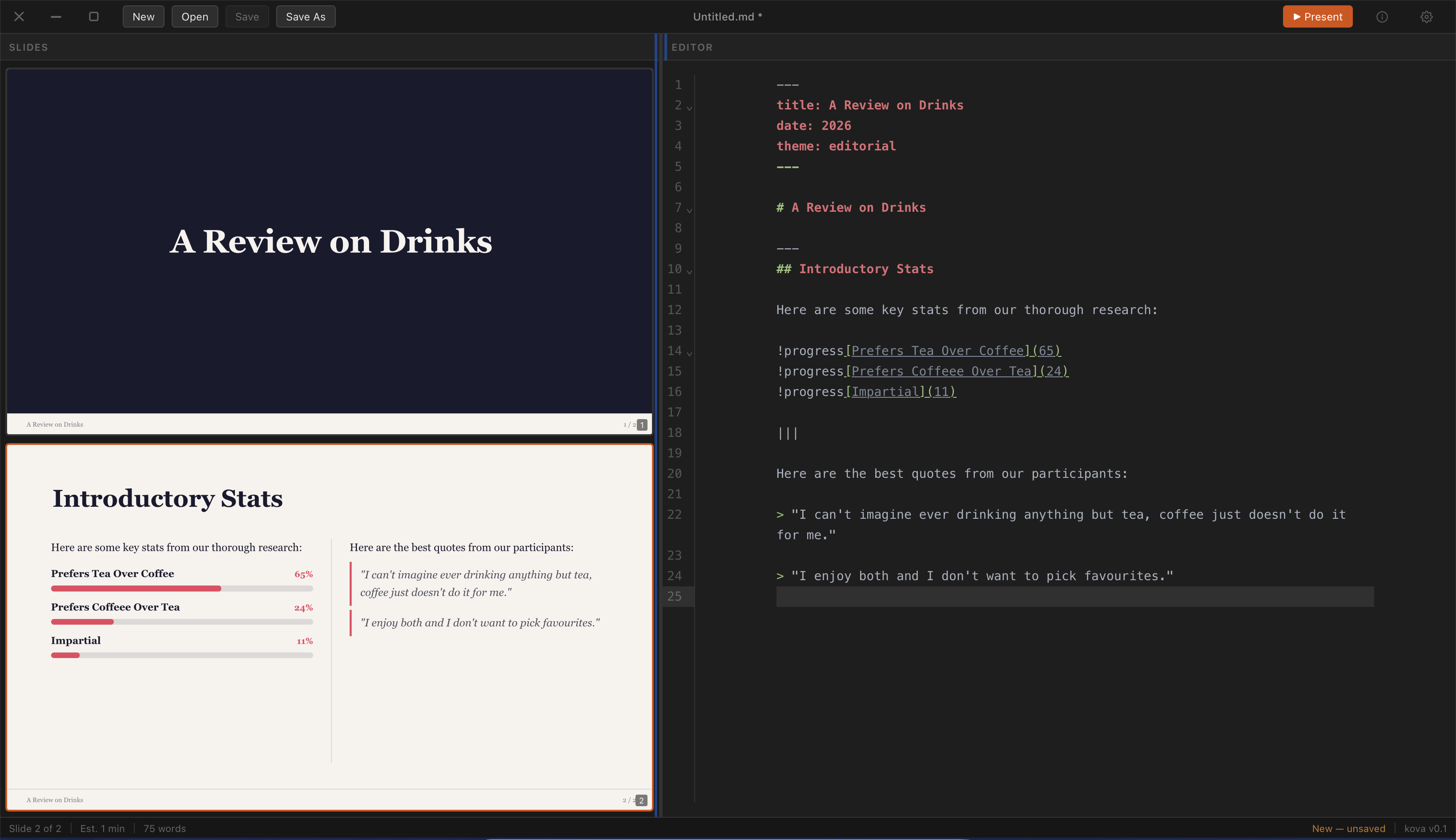 Kova editor showing two-column layout with progress bar charts