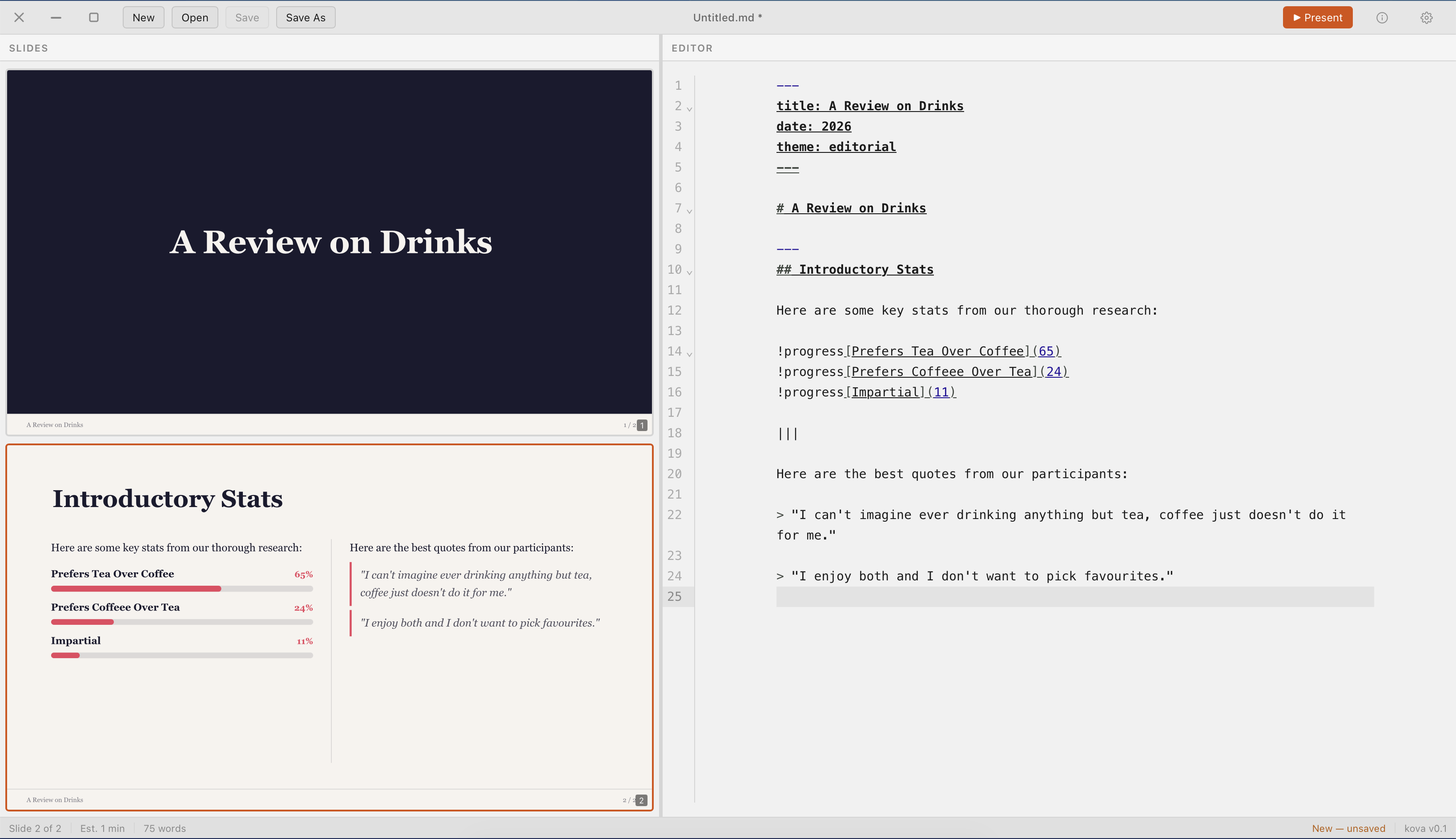 Kova editor in light mode showing two-column layout with progress bar charts