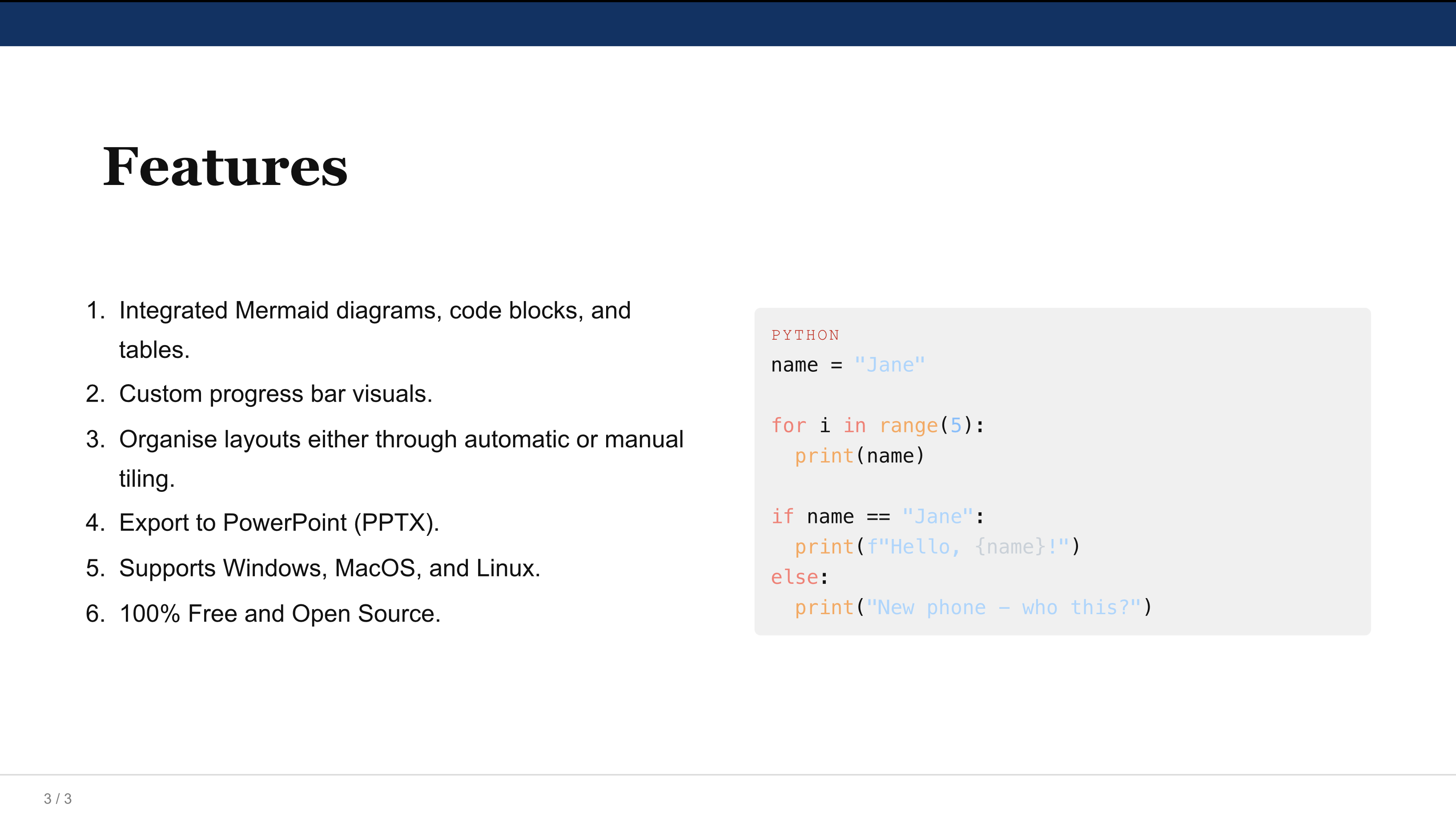 Rendered slide showing a feature list alongside a syntax-highlighted code block