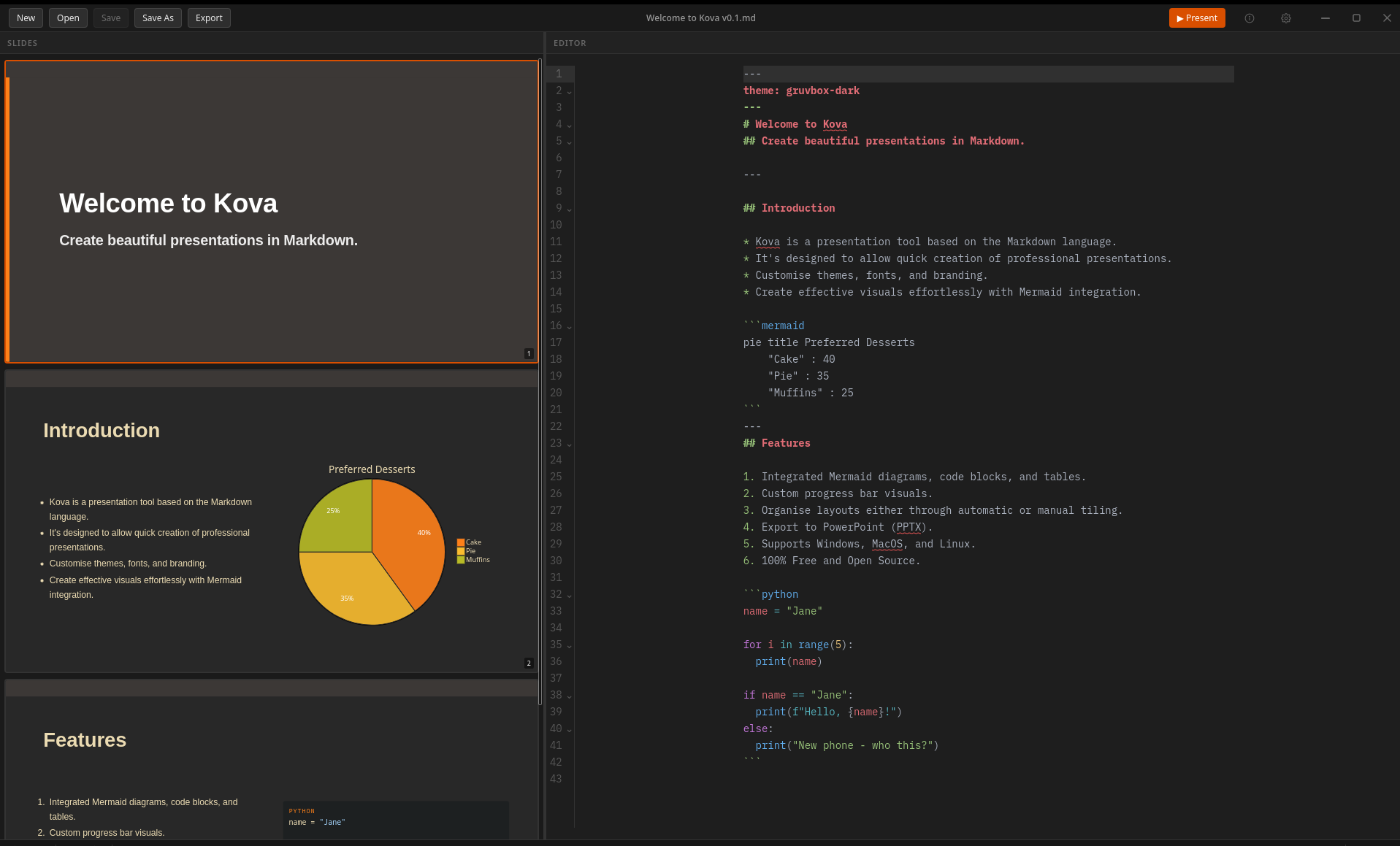 Kova editor — slide preview on the left, markdown on the right