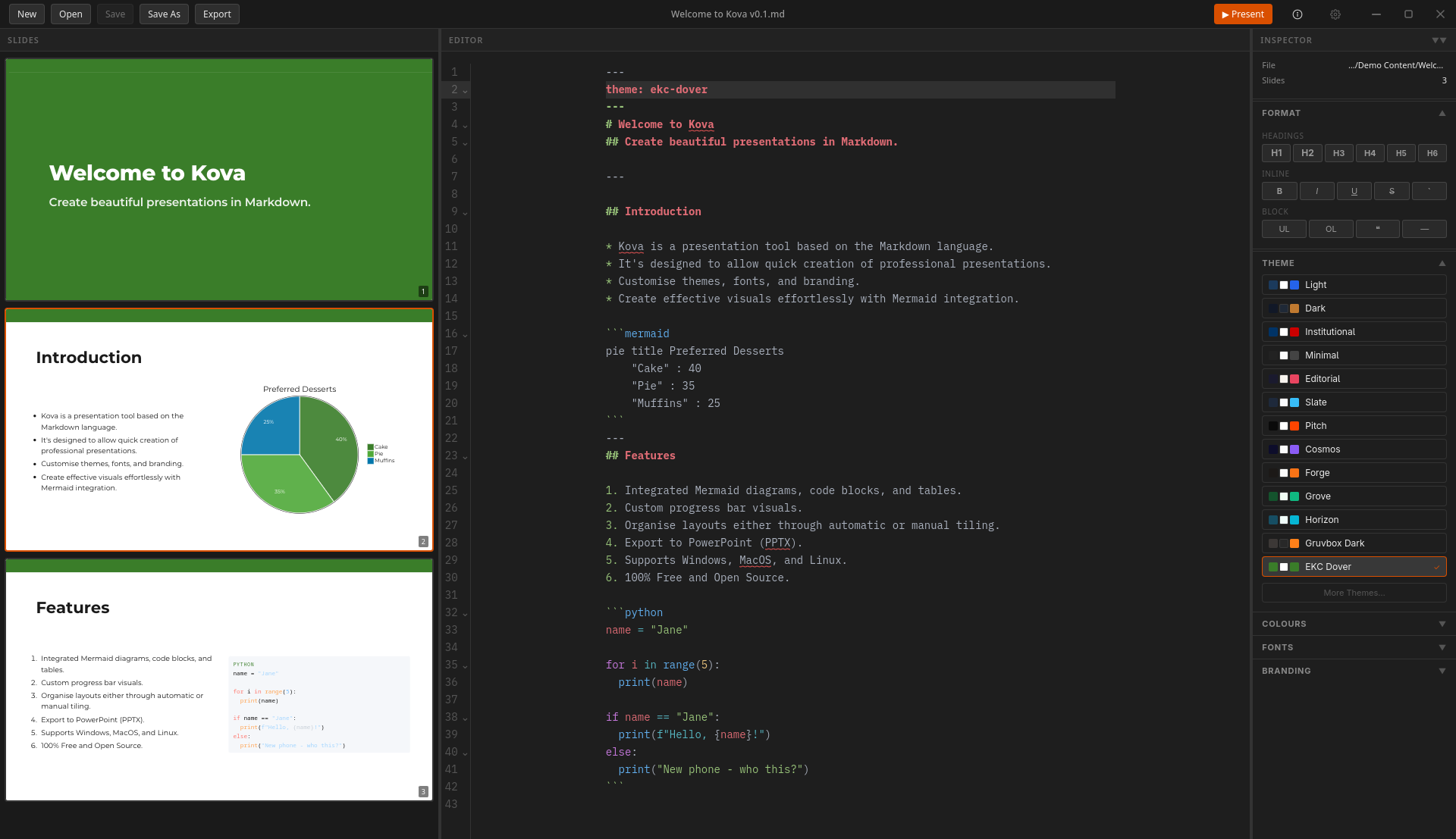 Kova editor with inspector open, showing the Dover theme applied