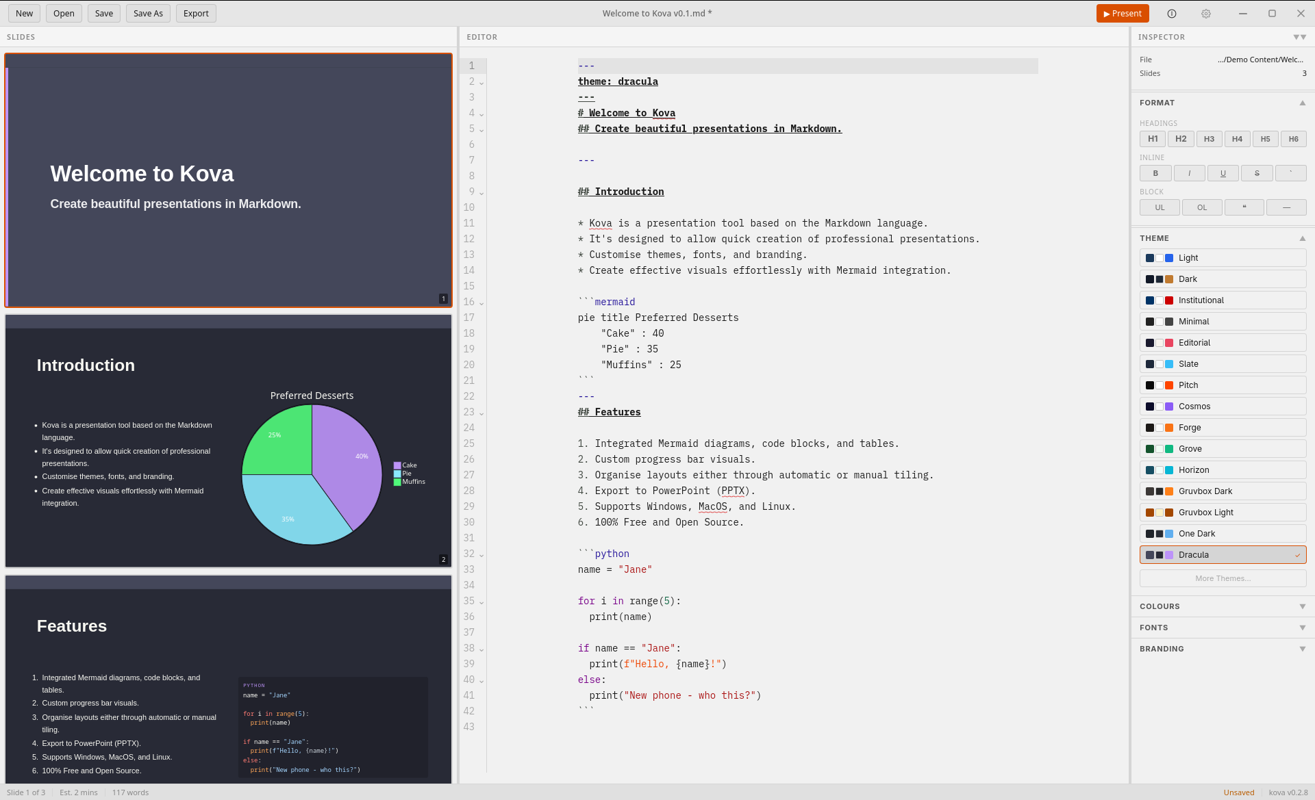 Kova editor in light mode — slide preview on the left, markdown on the right